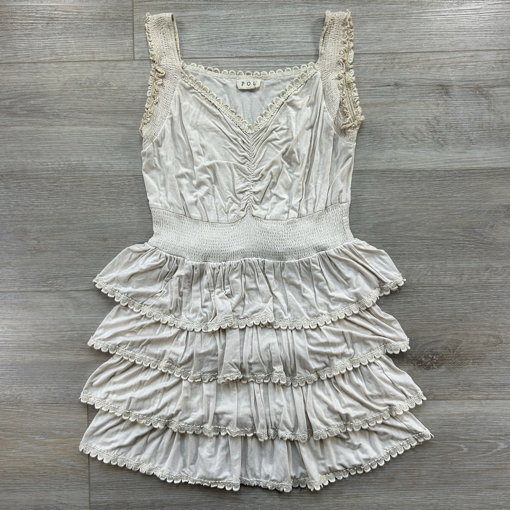 POL Anthropologie Small Ivory Tiered Mini Dress Cottagecore Farm Couture‎